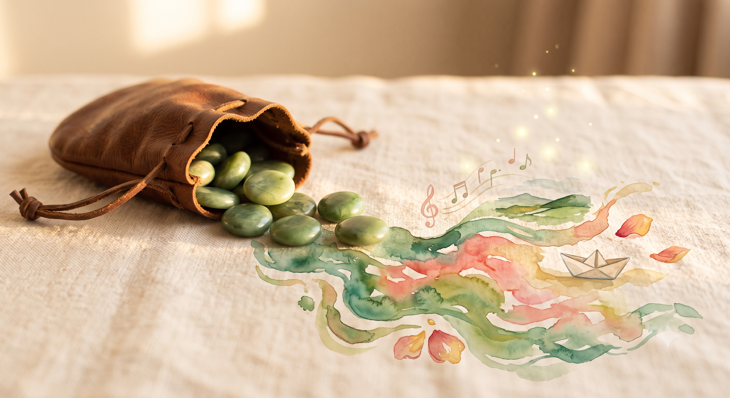 A pounamu pouch spilling greenstone credits onto linen, flowing into a watercolour river of music notes, colour and a small paper boat