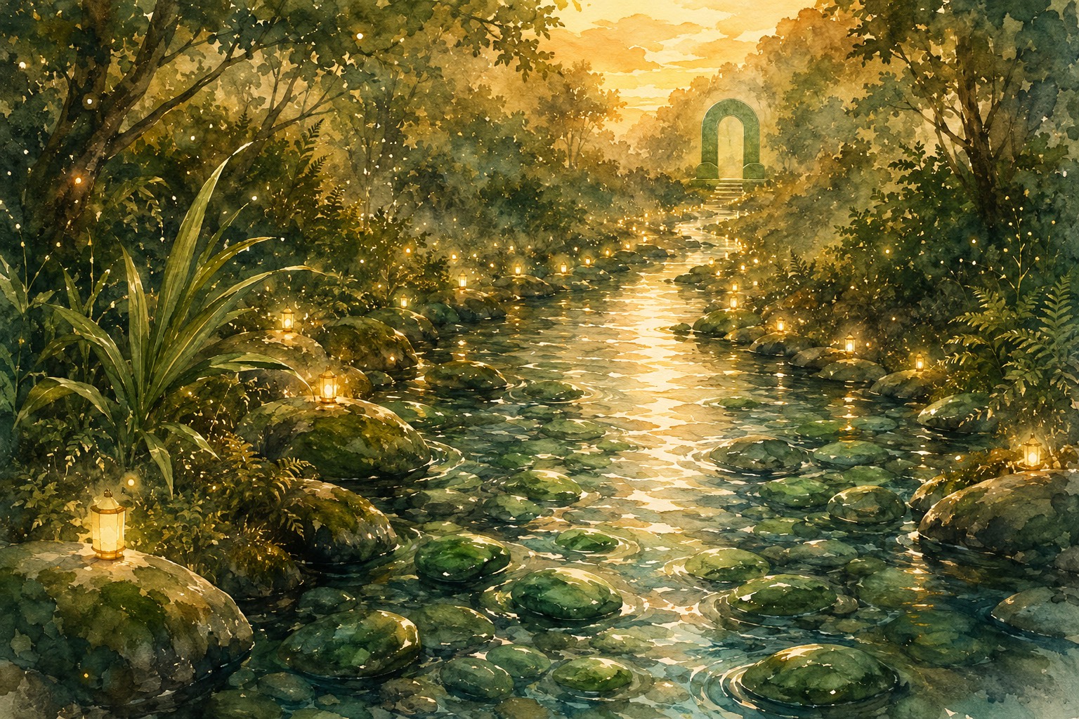Lantern-lit greenstone river leading to a doorway